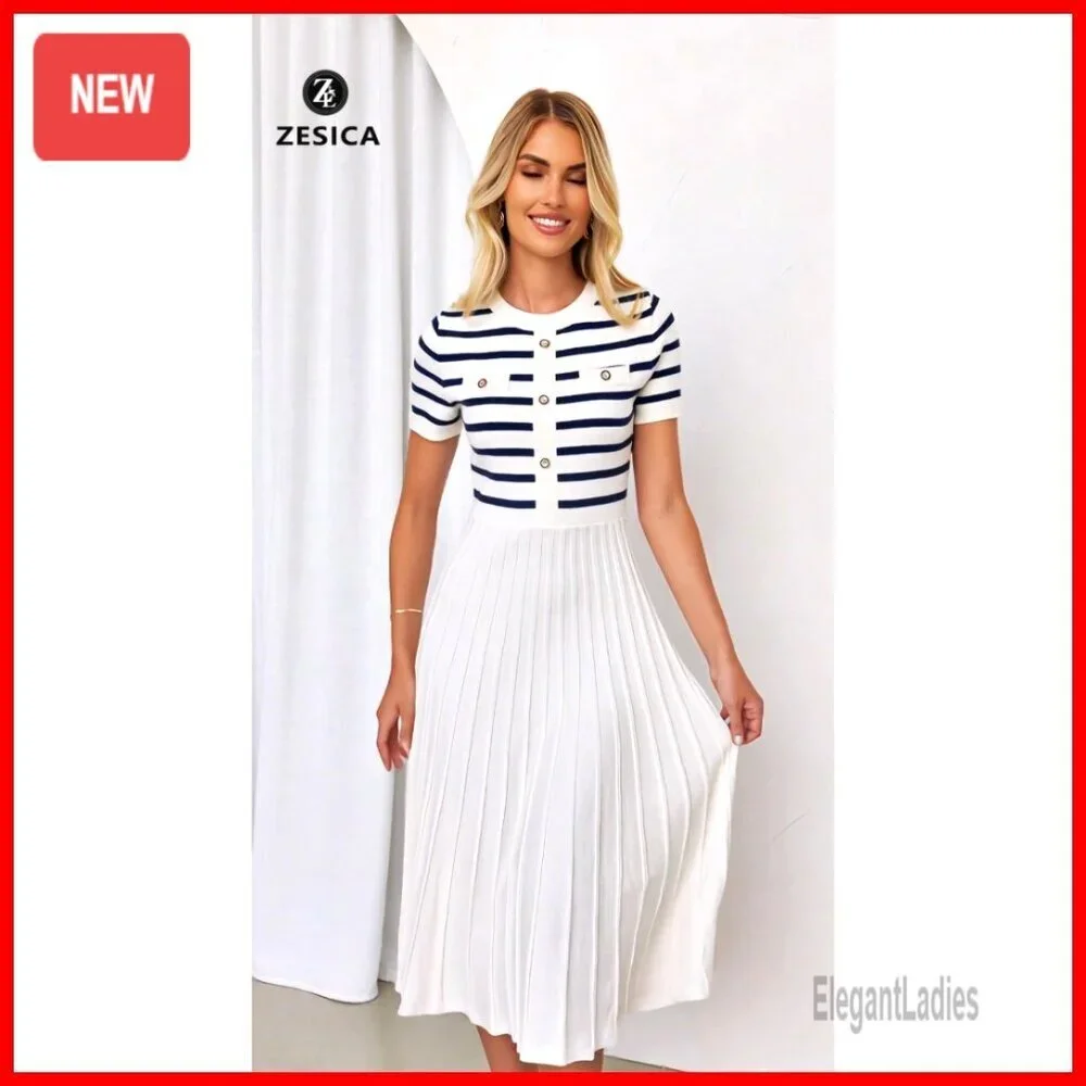 Casual Striped Midi Dress Crewneck Short Sleeve Button Ribbed Knit Swing Pleated